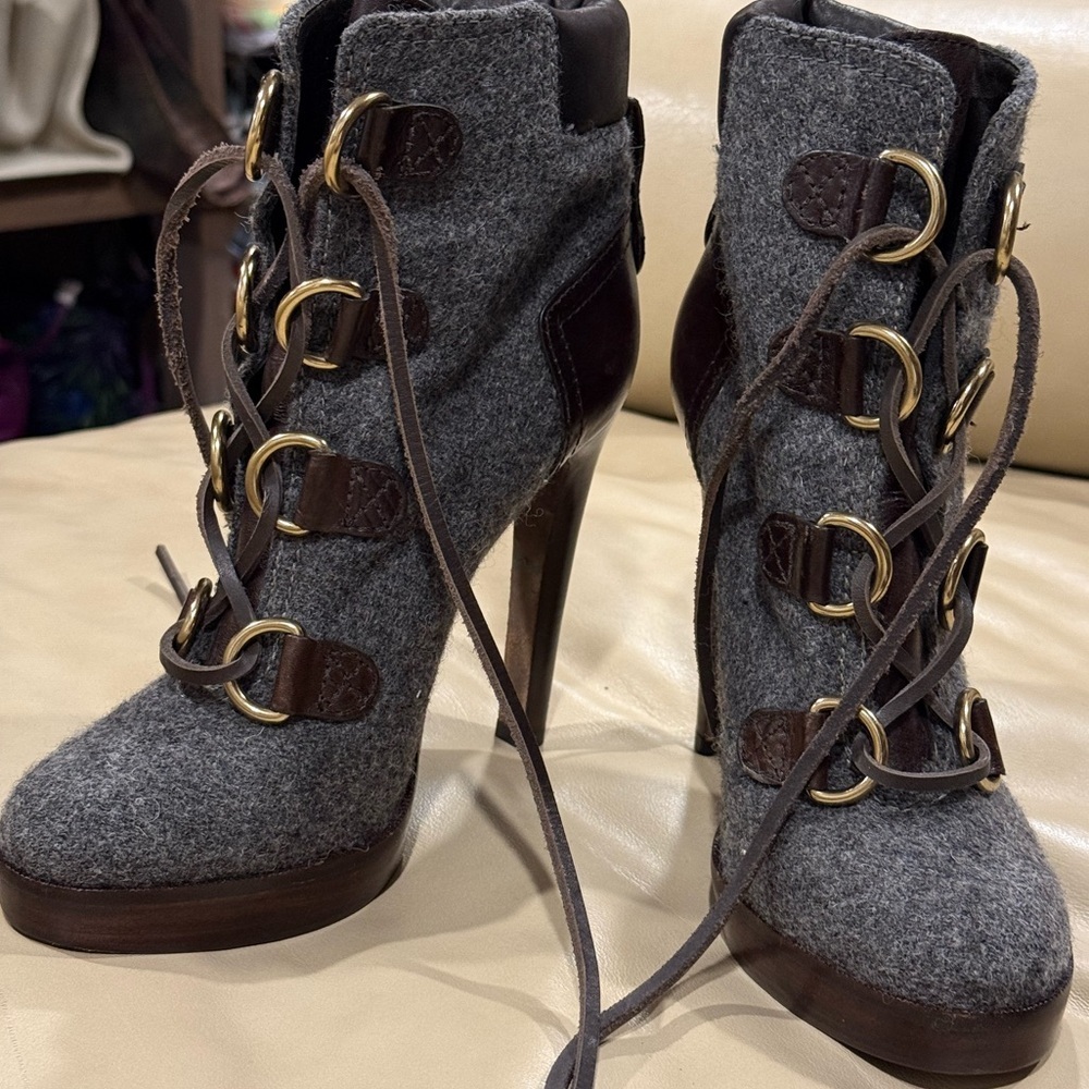 Tory Burch lace up gray and brown leather ankle boots